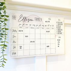 a family calendar hanging on the wall next to a potted plant with green leaves