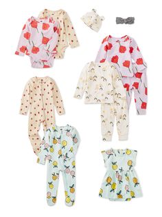 Welcome your little one to the world with this stylish 11 piece layette. This mix and match gift set is the perfect addition to any registry. Includes two matching outfit sets, two body suits, two zip-up rompers, one darling dress, an adorable bear ear hat, and an adjustable bow headband.

Easy-to-dress features like an envelope neckline, snap closure on the bodysuits, and a fold-over waistband on the pants make diaper changing a breeze. Long sleeves and a hat will keep little ones warm and cozy Bear Ear Hat, Ear Hat, Body Suits, Matching Outfit, Bear Ears, Darling Dress, Ear Hats, Headband Styles, Baby Headband