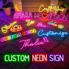 custom neon signs are displayed on the floor