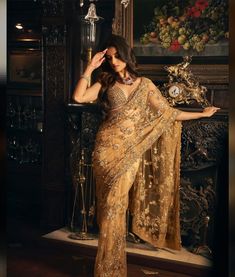 Gold Net Saree, Tonal Embroidery, Sequin Saree, Floral Saree, Fancy Sarees Party Wear, Simple Sarees, Indian Dresses Traditional, Net Saree