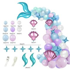 mermaid tail balloons, starfish tails and seashells are arranged on a white background