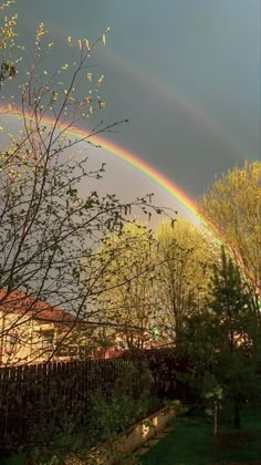 two rainbows in the sky over some trees and bushes with houses behind them on a sunny day