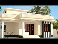 a small white and black house sitting on top of a cement lot next to palm trees