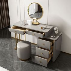 a vanity with drawers and a mirror on the wall above it, along with a stool