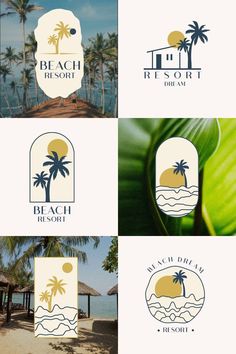 four different logos with palm trees and the beach resort on it's back side