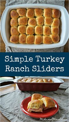 simple turkey ranch sliders in a casserole dish and on a red plate