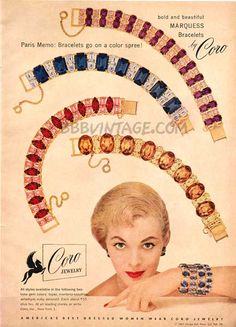 Gorgeous CORO 'Marquess' Rhinestone Bracelets Jewelry Ad~Glamour Magazine, October 1954 Advertisement Inspiration, Corocraft Jewelry, Juicy Jewelry, Jewelry Advertising, Rhinestone Bracelets