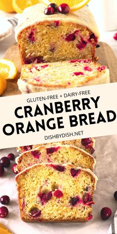 cranberry orange bread on a cutting board with text overlay