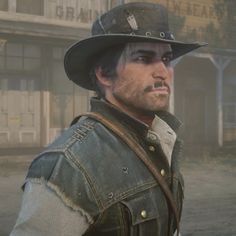 a man wearing a hat and vest in the video game red dead frontier, looking to his left