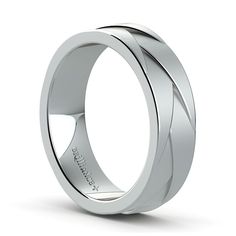 a white gold wedding ring with two diagonal lines on the outside and an inside band