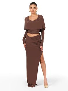 Our maxi skirt is crafted with an asymmetrical v-waist and ruched detail throughout before cascading down to your steps. Side slit to show off your stem and move through your best life! Style with our matching tops and bodysuit to complete the look. Hourglass Collection Imported 95% Polyester, 5% Spandex Model is wearing size X-Small True to size This bodysuit is lined Brown Outfits, Brown Outfit, Fitted Sleeves, Color Crush, Outfits And Accessories, Clothing Inspiration, Matching Top, White Skirts, Hoodie Design