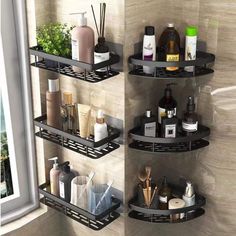 three black shelves with different types of bathroom items on them in front of a window