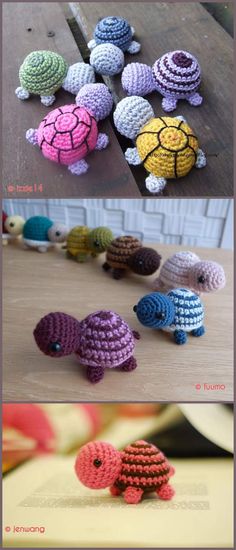 crocheted turtle toys are sitting on the table