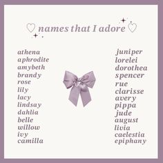 a purple bow with names that i adore on it and the words above it