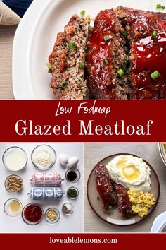 sliced meatloaf on a white platter, ingredients, meatloaf on a plate with mashed potatoes and corn. Glazed Meatloaf, Meatloaf Glaze, With Mashed Potatoes, Meatloaf Recipe, Meatloaf Recipes, Sweet And Savory, Ground Pork