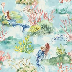 Mermaid Toile Removable Wallpaper Mystical Mermaid, Mermaid Wallpaper, Mermaid Wallpapers, Sea Glass Colors, Beach Bath, Matte Paint, Wallpaper Shop, Blue Mermaid, Peel And Stick Vinyl