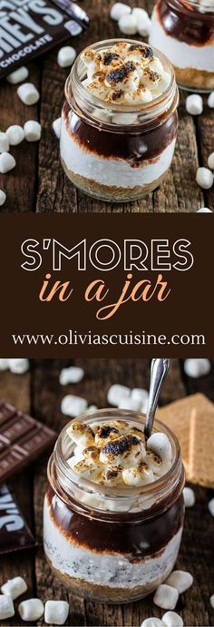 s'mores in a jar with marshmallows and chocolate on top