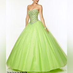 Jeweled Bodice On Beaded Tulle Ballgown Corset Back Closure 95008 Worn Once For Prom Size 8 Unaltered Lime Green Prom Dresses, Green Ball Gown, Neon Prom Dresses, Cocktail Dresses Online, Prom Dresses 2016, Prom Dresses 2015, Cheap Evening Dresses, Prom Dresses Gowns, Sweetheart Prom Dress