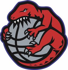 a red dinosaur holding a basketball in it's mouth