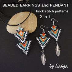 beaded earrings and pendants are displayed on a black background with text reading bead earrings and pendant brick stitch patterns 2 in 1