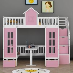 there is a pink bunk bed with stairs and drawers on the bottom floor in this room