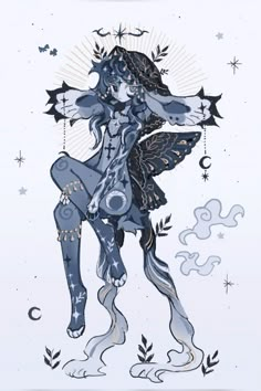 a drawing of a woman on a horse with stars and moon in the sky behind her