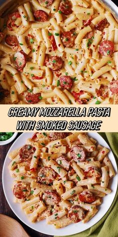 two pictures with different types of pasta and sauces on the same plate, one is cooked