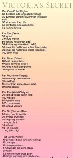 the victoria's secret workout plan is shown in pink and yellow colors, with instructions for