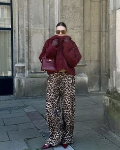 Burgundy fur, leopard pants, burgundy, kitten heels, outfit Leopard And Burgundy Outfits, Leopard Kitten Heels Outfit, Burgundy And Leopard Outfit, Burgundy Kitten Heels Outfit, Burgundy Heels Outfit, Burgundy Tights Outfit, Burgundy Pants Outfit, Burgundy Outfits, Kitten Heels Outfit