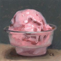 an oil painting of a pink ice cream in a bowl