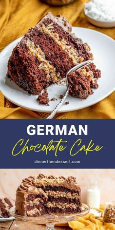 german chocolate cake on a plate with a fork