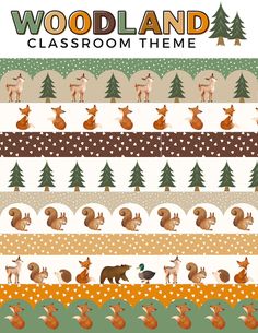 the woodland classroom theme is shown with different animals and trees on it's borders