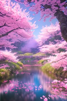 an image of a beautiful scenery with pink flowers on trees and water in the foreground