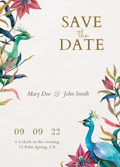 the save the date card is decorated with watercolor flowers and birds