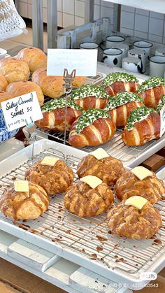 baked goods displayed on racks at a bakery