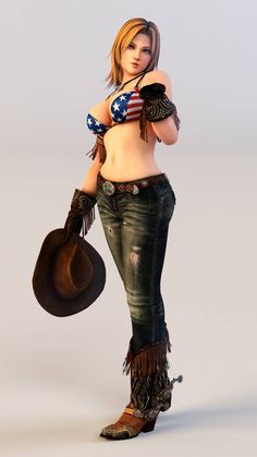 a woman in a cowboy outfit holding a hat