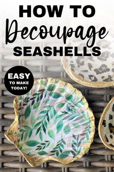 how to decoupage seashells with gold rimmed plates on wicker mat