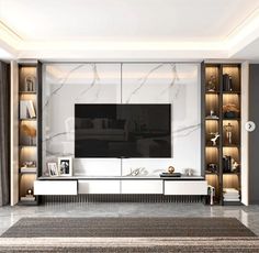 a modern living room with marble floors and white walls, built in shelving units