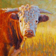 an oil painting of a cow in a field with yellow grass and brown sky behind it