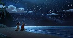 two people are standing on the beach watching the stars go down in the night sky