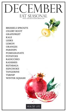 the cover of december magazine features pomegranates and other fruit, including an apple