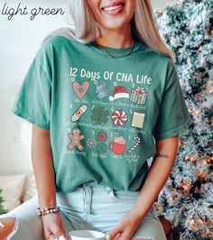 This "12 Days of CNA Life" tee would make the perfect Christmas party shirt for certified nursing assistants! Be sure to checkout my shop for more nurse aid shirts and sweatshirts! * HOW TO ORDER * 1. Look through the photos at the different colors and the sizing chart (all shirts & sweatshirts are unisex sizing) 2. Select the size and color you want from the drop down menus. 3. Choose the quantity you want in that size and color. 4. If applicable, add your custom wording under the "personalizat 12 Days Of Christmas Tshirts, Christmas Health Care Shirts, Cna Shirts Ideas, Esthetician Christmas, Cna Shirts, Cna Life, Nurse Assistant, Skin Therapist, Certified Nursing Assistant