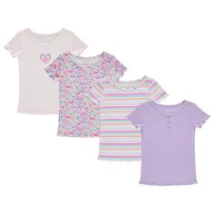 BTween 4-Pack Rib Knit Girls Tops - Short Sleeve Lettuce Trim Ribbed Girl Shirts - Stripe/Floral/Solid Size: 10-12.  Color: Multicolor.  Gender: female.  Age Group: kids. Girl Shirts, Girls Summer Tops, Ribbed Shirt, Kids Outfits Girls, Floral Stripe, Girls Clothes, Knit Cotton, Girl Top, Cute Tops