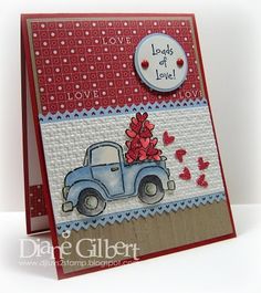 a close up of a greeting card with a truck and hearts on it, which says love is in the air