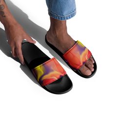 Showcase your boldness and make a statement with the Airless BeSculpt Men's Slides. Boasting an abstract art design, these slides are sure to capture attention. Equipped with eye-catching aesthetics, this fashionable footwear provides unparalleled comfort and breathability. Step out with confidence and style in the Airless BeSculpt Men's Slides! This pair of Airless BeSculpt Men's Slides gives you comfort and style while walking anywhere, whether it's at the airport, around the block, to the bea Modern Slides For Spring Streetwear, Modern Slide Sandals For Streetwear, Modern Slip-on Slides For Streetwear, Modern Slip-on Sandals For Streetwear, Modern Slip-on Slides, Trendy Multicolor Slides, Abstract Art Design, Art Men, Mens Slides