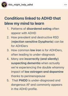 Conditions linked to ADHD that blew my mind to learn Neuro Divergent, Mental Health Facts, Spectrum Disorder, Mental And Emotional Health, Intp, Intj, Coping Skills, What’s Going On