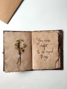 an open book with writing on it and flowers in the pages that have been altered