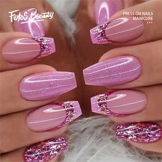 Fofosbeauty 24pcs Press on False Nails Tips, Coffin Fake Nails, Pink-Purple Glitter Sequins - Walmart.com Jelly Stickers, Fake Nails Long, Ballet Nails, Fancy Nails Designs, Colorful Nails, Manicure Tips, Coffin Press On Nails, Stick On Nails, False Nail