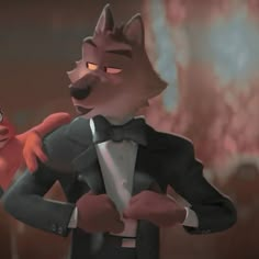 an animated fox in a tuxedo and bow tie holding onto another animal's tail