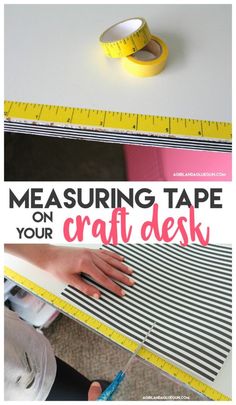 someone measuring tape on top of a craft desk with scissors and tape measure tape next to it